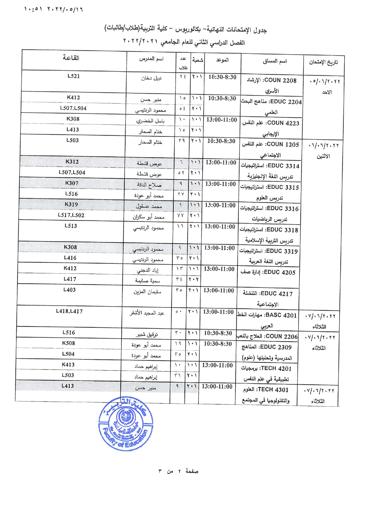 جدول  الامتحالنات النهائية للفصل الدراسي الثاني2021-2022